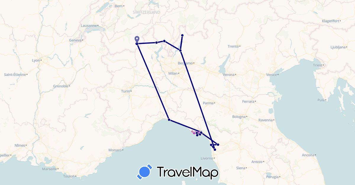 TravelMap itinerary: driving, train, hiking in Switzerland, Italy (Europe)