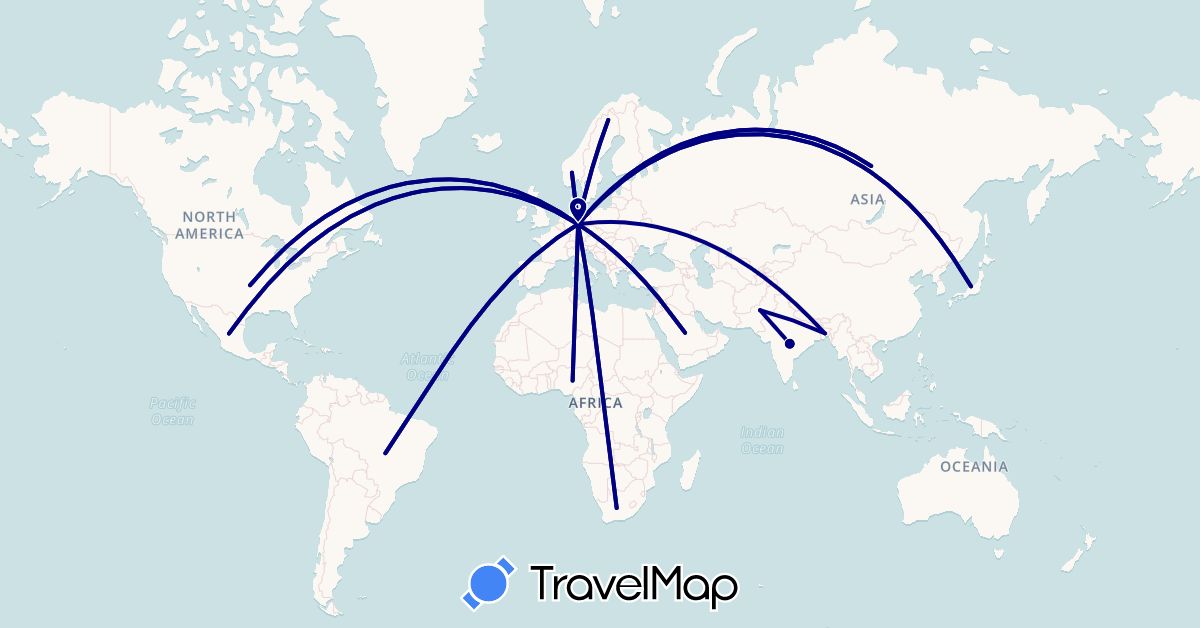 TravelMap itinerary: driving in Bangladesh, Brazil, Germany, India, Japan, Mexico, Nigeria, Norway, Pakistan, Russia, Saudi Arabia, Sweden, United States, South Africa (Africa, Asia, Europe, North America, South America)